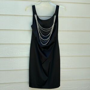 Black cocktail dress multi strand pearl necklace attached Suzi chin Maggy sz 10